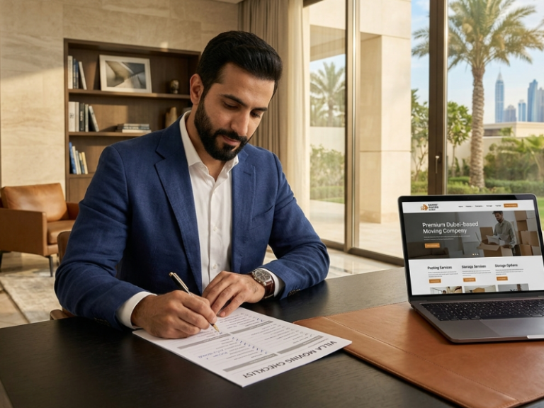 Homeowner reviewing moving checklist before booking professional villa movers in Dubai