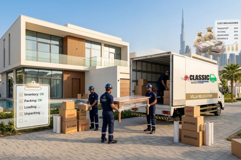 Professional movers in JLT Dubai loading household furniture into a moving truck for safe relocation.