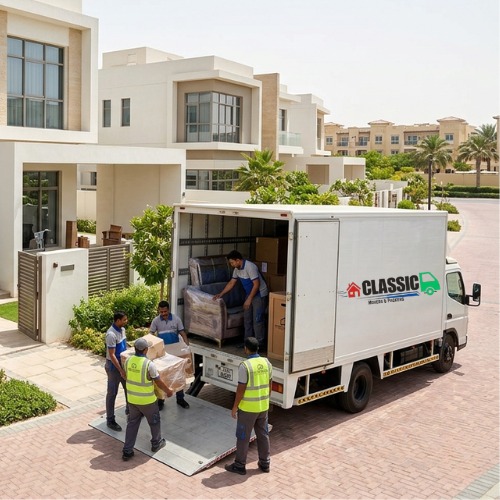 Professional movers in JVC Dubai loading and transporting household furniture, packed boxes, and appliances into a moving truck for safe relocation services.